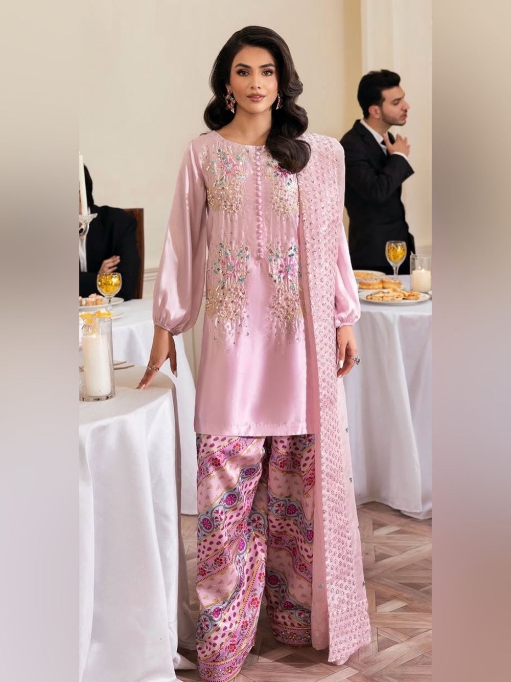 Vanya brand FARSHI SHALWAR hand Embroidered Silk 3 piece Designer suit PASTEL